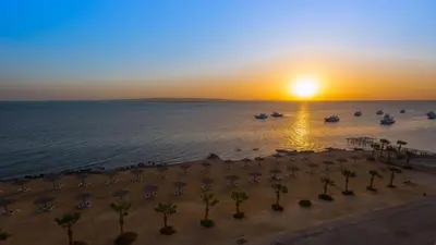 an aerial view of a beach with palm trees and the sunset at Bellevue The View in Hurghada