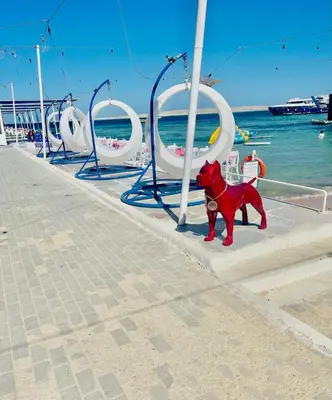 a red dog statue sitting on the side of a pier at Lilly Stays Sheraton Road in Hurghada
