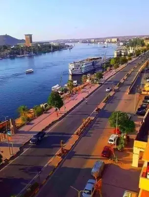 an aerial view of a street and a river at Aswan Nile view palace in Naj‘ al ‘Amrāb