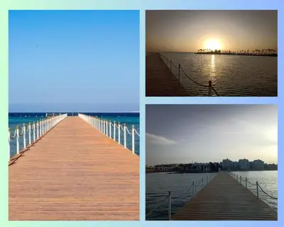 three pictures of a pier with the sun setting over the water at Scandic Resort: Comfy & Cozy. A433 in Hurghada