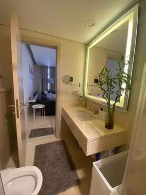 a bathroom with a sink and a toilet and a mirror at Mangroovy Tasteful 1 bedroom in Hurghada