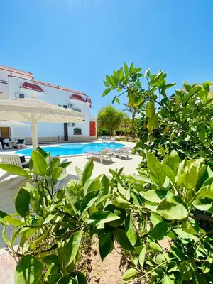 a swimming pool with a white umbrella and some plants at Hurghada-Magawish Villa 1 in Hurghada