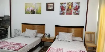 a bedroom with two beds and two pictures on the wall at منتجع طيبة فيو Tiba view in Hurghada
