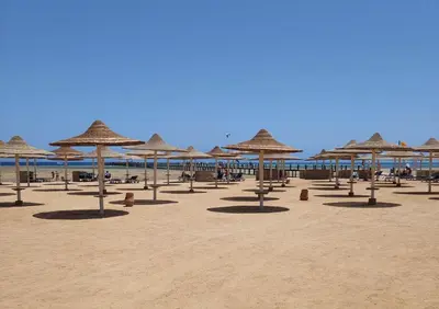 a group of straw umbrellas on a beach at Chalet Stella Makadi Beach 5* in Hurghada