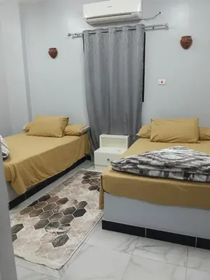 a room with two beds and a fan and a rug at Hamo Fathy Nubian House in Aswan