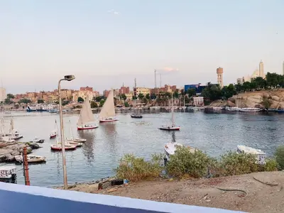 a group of sailboats in a river with a city at Malika nubian house in Aswan