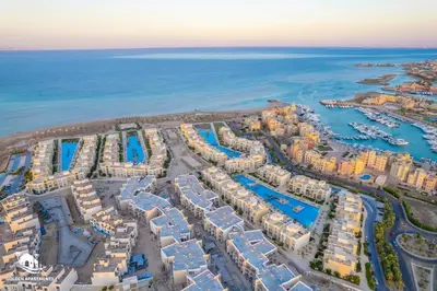 an aerial view of a resort next to the ocean at Fresh & Modern 1BR in El Gouna. Mangroovy Pool & Beach in Hurghada
