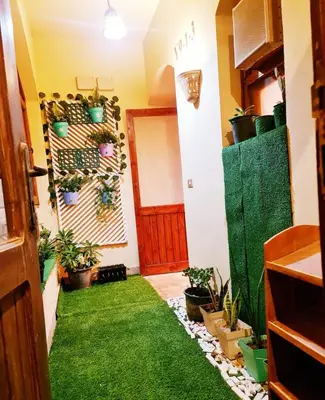 a hallway with green grass and potted plants at West golf 2bedroom in Hurghada