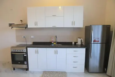 a kitchen with white cabinets and a stainless steel refrigerator at Royal Nile Villa - Nile View Apartment 1 in Luxor