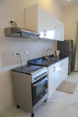 a kitchen with a stove and a sink at Royal Nile Villa - Nile View Apartment 1 in Luxor