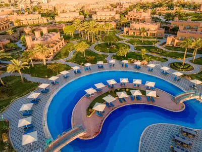 an aerial view of a resort with a swimming pool at Akassia Swiss Resort in Quseir