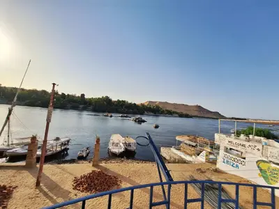 a group of boats are docked in a river at NOBATiA Guest House 2 in Aswan