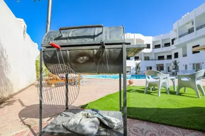 a bird feeder in the middle of a yard at la bonita studio in Hurghada