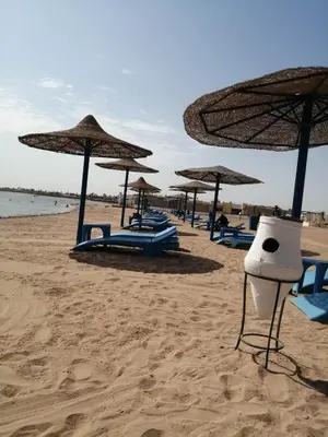 a beach with chairs and umbrellas on the sand at Chalet front the beach in Hurghada