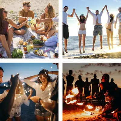 a collage of photos of people on the beach at Modern apartment with large pool & beach access in Hurghada