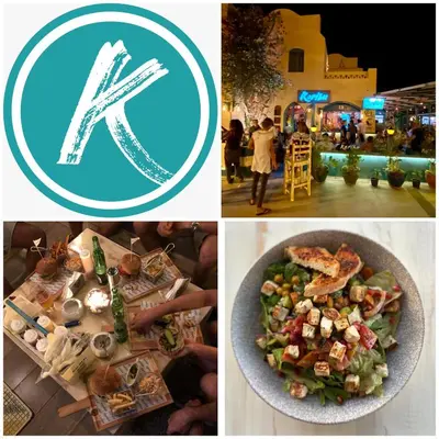 a collage of four pictures with a plate of food at Style Apartment in nubian design at lagoon in Hurghada