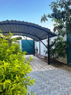 a patio with a blue umbrella and some bushes at El Hady Apartments with Swimming Pool in Luxor