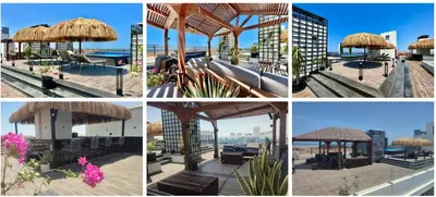 a collage of four pictures of a restaurant with a beach at Imperial Resort Apt Sleeps 3 - Pool Parking Wifi in Hurghada