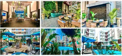 a collage of pictures of a hotel with tables and chairs at Imperial Resort Apt Sleeps 3 - Pool Parking Wifi in Hurghada