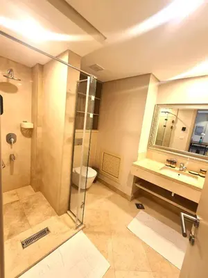 a bathroom with a shower and a sink and a toilet at Fabulous Sea view 1 BR & private Garden to the pool at Mangroovy in Hurghada