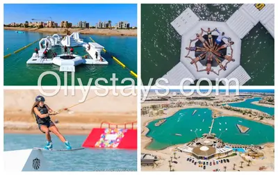a collage of pictures of a woman on a paddle board at Ollystays Fanadir Marina 1BR Heated Jacuzzi in Hurghada