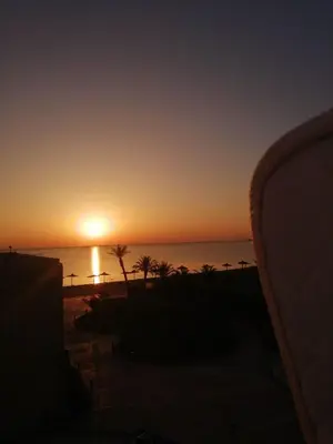 a sunset over the ocean with palm trees in the foreground at Cecelia Resort Hurghada in Hurghada