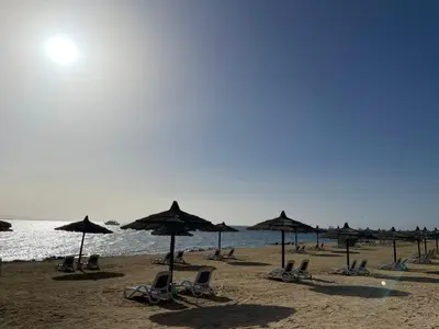 a group of chairs and umbrellas on a beach at apartment in hurghada307 in Hurghada