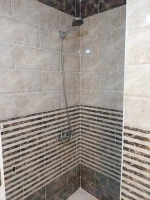a bathroom with a shower with a glass door at شقة 327صغيرة جميلة هادئة وسط المدينة in Hurghada