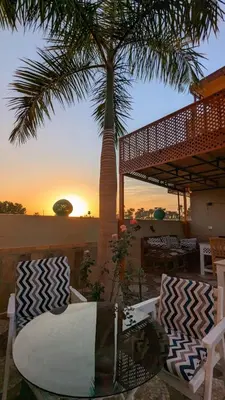a patio with a table and chairs and a palm tree at Yasmine Guest House in Luxor