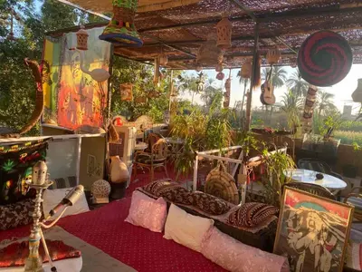 a room filled with lots of furniture and plants at peace garden hostel & camp in Luxor