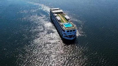an aerial view of a ferry boat in the water at Nile Cruise City and Sea Adonis - Every Thursday from Luxor for 04 or 07 Nights - Every Monday from Aswan for 03 Nights in Luxor