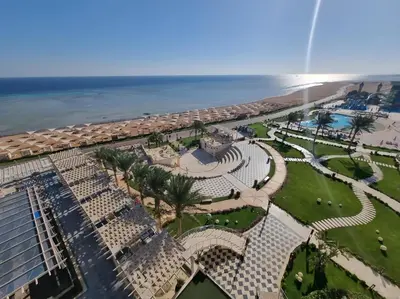 an aerial view of the beach and the ocean at luxury Beachfront Studio- Foreign Nationals Only in Hurghada