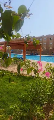 a swimming pool with a pavilion and pink flowers at Bay View Sahl hasheesh Apartment Hurghada in Hurghada