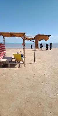 a beach with a umbrella and a bench and people on the beach at Tibaview in Hurghada