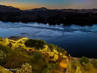 an aerial view of a lake at night at Saluga Nubian Guest House in Aswan