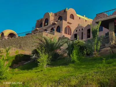 a building on top of a hill with green grass at Saluga Nubian Guest House in Aswan