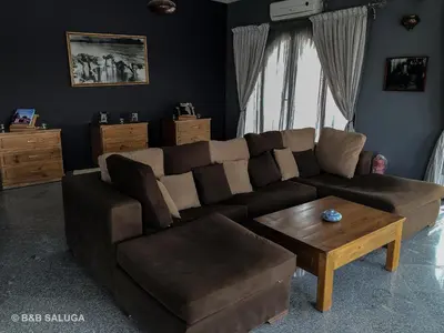 a living room with a brown couch and a coffee table at Saluga Nubian Guest House in Aswan