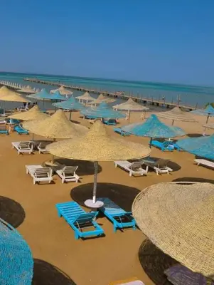 a beach with many umbrellas and chairs and the ocean at Fox House Beach Resort & Spa El Gouna in Hurghada