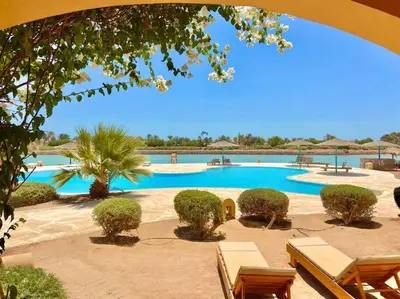 a view of a swimming pool with benches and trees at Magical 2BR Ground/Free Pool & Lagoon Access @ElGouna in Hurghada