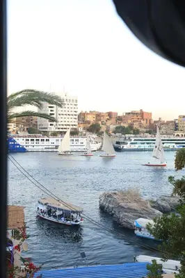 a group of boats in a river with sailboats at Crystala guest house in Aswan