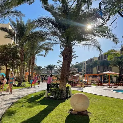 a palm tree in a park with people walking at Go Egypt Apartments Inside Karma Beach Resort North Al Ahiaa , Hurghada in Hurghada
