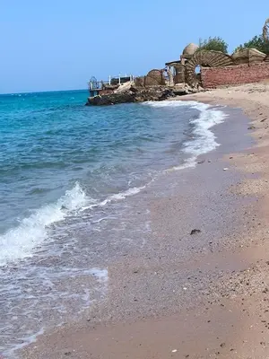 a beach with the ocean and a house in the background at Solo beach front studio or for couple in Hurghada