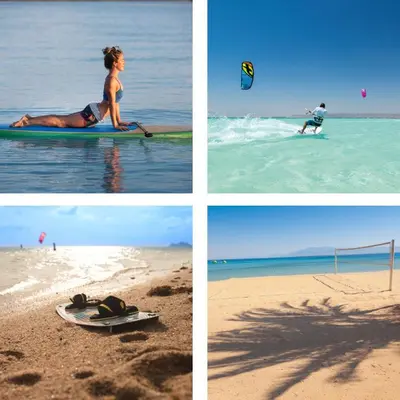 four pictures of a woman on a surfboard on the beach at Charming Apartment with Pool in prime location in Hurghada