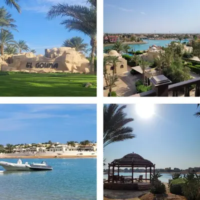 four pictures of a resort with a beach and a boat at Special style apartment with pool at lagoon in Hurghada