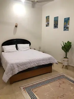 a bedroom with a large bed with a black headboard at joy house in Luxor