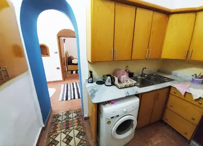 a kitchen with a sink and a washing machine at Villa Cleopatra Luxor west bank in Luxor