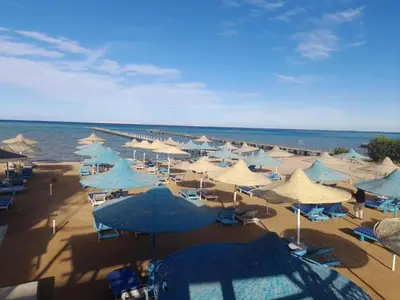 a beach with blue and white umbrellas and the ocean at Fox Hotel El Ahyaa in Hurghada