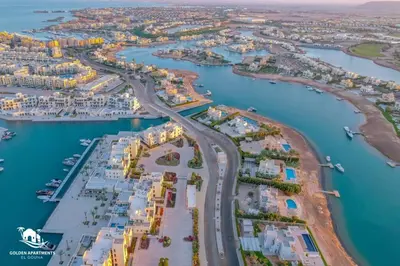 an aerial view of a marina in a city at Boutique 2BR in Fanadir Marina - El Gouna. Lagoons & Red Sea in Hurghada
