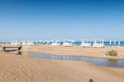 a beach with white chairs and the ocean at Smooth & Snug 1 BDR Mangroovy Free Beach & Pool Access in Hurghada