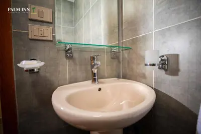 a bathroom sink with a glass shelf above it at Palm Inn Hotel Hurghada in Hurghada